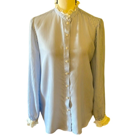 J. Crew Tops - J Crew Drapey Ruffle-Trim Light Blue Striped Cupro-Blend Blouse Size Small